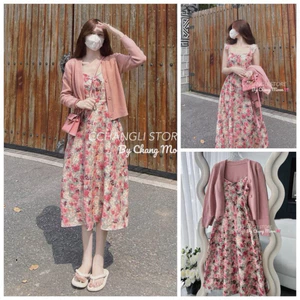 Sét váy hai dây chất voan hoa dáng dài kèm áo khoác thun gân sang chảnh thích hợp cho các buổi TIỆC QC🌹🌹 👗 👗 �