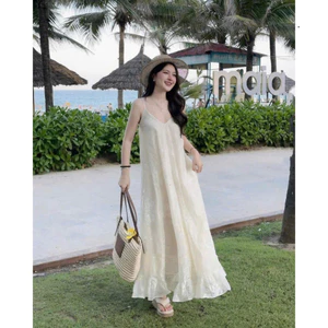 Đầm Maxi 2 Dây Chất Tơ Thêu Hoa Nổi Tiểu Thư Sang Chảnh Mặc Đi Biển, Du Lịch Cực Xinh Shop Uyên Fashion