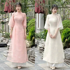 set áo dài tơ thêu 2 lớp HT dịu dàng hồng phấn phối quần lụa phi, tay rộng phom suông thướt SHOPTINAFASHION Shop U