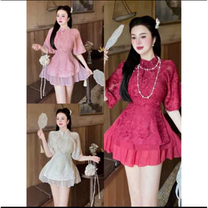 Set Bộ Thời Trang Nữ Áo Nhung Lông 2 Lớp Cổ Tròn Tay Ngắn Phối Váy Tơ Xòe Dài Mini – Mặc Đi Chơi, Đi Tết | TiNa Fa