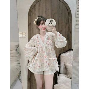 Áo Babydoll Cổ V viền Ren Thêu Hoa Nổi Tay Loe form xoè SHOPTINAFASHION Shop Uyên Fashion
