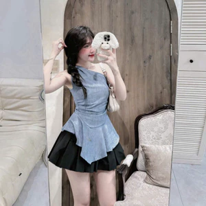Set váy nữ áo kiểu lệch vai tà áo vạt bèo chất jean lụa phối chân váy dáng ngắn xòe chất mango xinh xắn hợp mặc đi