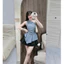 Set váy nữ áo kiểu lệch vai tà áo vạt bèo chất jean lụa phối chân váy dáng ngắn xòe chất mango xinh xắn hợp mặc đi