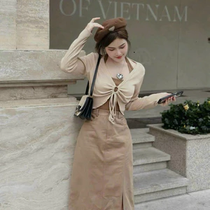 Set bộ đồ nữ áo khoác croptop khoét eo bèo phối áo croptop cổ yếm mix chân váy kaki dài xinh xắn QC🌹 👗 👗 👗 Sho