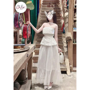 Set váy nữ thiết kế đi tiệc sang trọng áo chất gấm cup peplum có mút đan dây eo dây choàng cổ + Chân váy maxi voan