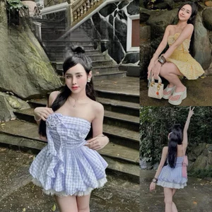 Set Váy Nữ Áo Caro Phối Nơ + Chân Váy Xòe Tùng Bí | Phong Cách Hàn Quốc Trẻ Trung Shop Uyên Fashion