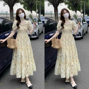Đầm váy nữ maxi dáng xòe nhún tầng họa tiết dập mocking thân sang chảnh dễ thương xinh xắn đi biển đi chơi, dự tiệ