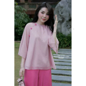 Set đồ bộ thời trang thiết kế áo voan quần lụa nhung cổ tròn tay dài đính nút bọc nhẹ nhàng sang trọng Shop Uyên F
