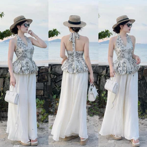 Set Nữ Maxi Trắng Ren - Tay Hở Lưng, Dáng Xòe Cánh Tiên, Vintage, Đi Biển Shop Uyên Fashion