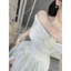 Đầm váy nữ sang chảnh đi tiệc, đầm ren thun trễ vai cuốn bông phối tơ 2 lớp tùng xòe rộng xẻ tà phía sau mocking S