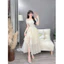 Đầm váy nữ sang chảnh đi tiệc, đầm ren thun trễ vai cuốn bông phối tơ 2 lớp tùng xòe rộng xẻ tà phía sau mocking S