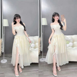 Đầm váy nữ sang chảnh đi tiệc, đầm ren thun trễ vai cuốn bông phối tơ 2 lớp tùng xòe rộng xẻ tà phía sau mocking S