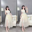 Đầm váy nữ sang chảnh đi tiệc, đầm ren thun trễ vai cuốn bông phối tơ 2 lớp tùng xòe rộng xẻ tà phía sau mocking S