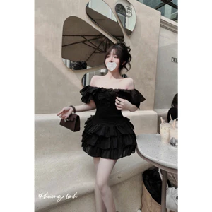 {tăng quà} Đầm thiết kế chất voan tơ tầng trễ vai đính nơ mocking nhún kèm quần rời siêu xinh hàng chuẩn tred Shop