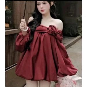 Váy Nữ Trễ Vai Tay Dài Dáng Bí Phồng Đính Hoa Hồng (Kèm Quần Bảo Hộ) – Thiết Kế Dễ Thương Sang Chảnh | Shop TiNa F