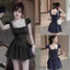 Đầm Tiểu Thư Cổ Vuông Tay Phồng Dáng Trễ Hoạ Tiết Kẻ Sọc Phối Nơ Shop Uyên Fashion