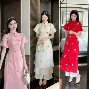 Sét áo dài diện TẾT 2024 cách tân tơ kim sa thêu hoa phối cổ thắt nơ tay bồng+CÓ KÈM QUẦN PHI LỤA CAO CẤP THANH LỊ