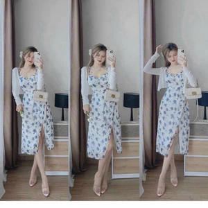 Sét váy 2 dây chất voan hoa có mút ngực kèm áo khoác dài tay dành cho các nàng đi chơi, đi tiệc QC. Màu y hình🌹 �