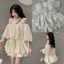set áo tơ lụa trễ vai DX tay bồng váy tuyết mưa xếp tầng kem vanilla, mềm mịn, thướt tha Shop TiNa Fashion Shop Uy
