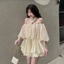 set áo tơ lụa trễ vai DX tay bồng váy tuyết mưa xếp tầng kem vanilla, mềm mịn, thướt tha Shop TiNa Fashion Shop Uy