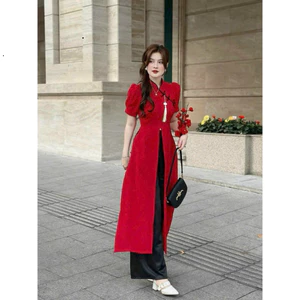 Set áo dài cách tân cổ tàu chất tuyết nhung thiết kế cao cấp xẻ dài tà phối kèm quần suông đen QC🌹🌹 👗 👗 👗 Sho