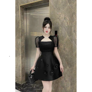 Đầm thời trang nữ mặc đi dự tiệc chất tapta phối vân mây cổ vuông chéo tay búp kết cườm đính đá bông QC🌹🌹 Shop U