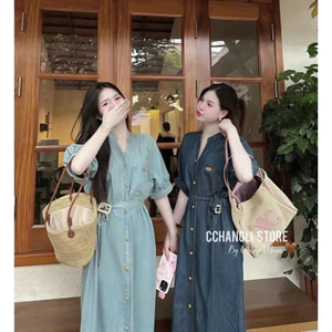 Đầm thời trang nữ dáng suông chất jeans quảng châu cao cấp tay ngắn cổ V dây cột nơ eo váy xòe thiết kế xinh xắn �