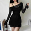 Đầm thời trang nữ mặc đi chơi chất thun ren lưới trễ vai đan dây eo lưng tay dài kèm lót thun gân 2 màu đen nâu QC