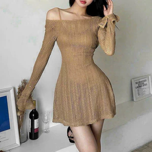 Đầm thời trang nữ mặc đi chơi chất thun ren lưới trễ vai đan dây eo lưng tay dài kèm lót thun gân 2 màu đen nâu QC