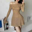 Đầm thời trang nữ mặc đi chơi chất thun ren lưới trễ vai đan dây eo lưng tay dài kèm lót thun gân 2 màu đen nâu QC