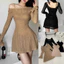 Đầm thời trang nữ mặc đi chơi chất thun ren lưới trễ vai đan dây eo lưng tay dài kèm lót thun gân 2 màu đen nâu QC