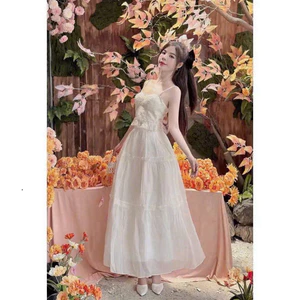 Set váy áo hai dây ren voan thêu hoa(có mút) kem chân váy maxi tơ nhún tầng kiểu dáng nàng thơ xinh xắn Shop Uyên