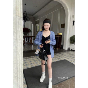 Set đồ nữ áo sơ mi form rộng phối sọc kèm váy 2 dây body dáng ngắn tôn dáng siêu xinh dành cho các nàng 👗 👗 👗 S
