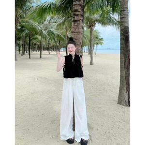 Set đồ nữ công sở thanh lịch áo đỏ cột nơ sát tay phối quần suông kem đũi vân cao cấp Shop Uyên Fashion