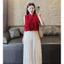 Set đồ nữ công sở thanh lịch áo đỏ cột nơ sát tay phối quần suông kem đũi vân cao cấp Shop Uyên Fashion