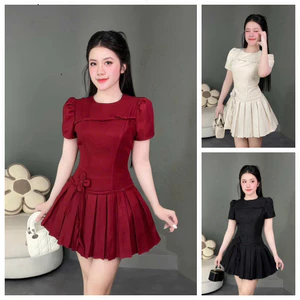 Đầm váy nữ chất tuyết mưa thanh lịch cho nàng đi chơi,đầm cổ tròn tay ngắn cột nơ dây hoa eo mocking sau dáng xòe