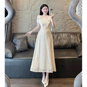 Đầm thời trang nữ chất ren 2 lớp tay ngắn hở vai cổ vuông váy dài dáng xòe tiểu thư xinh xắn mặc đi chơi, đi tiệc�