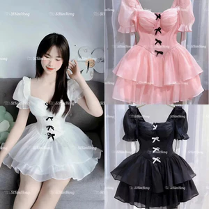 Đầm Tiểu Thư Tay Ngắn Cổ Vuông Đính Nơ Xinh - Chất Tơ Nến, Váy Xòe 2 Tầng, Phù Hợp Đi Chơi/Đi Dạo