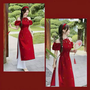 Set bộ áo dài thời trang nữ chất nhung cổ tròn đính hạt tay ngắn xẻ lai đính cườm quần lưng thun ống rộng dài maxi
