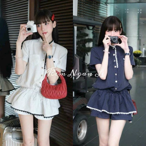 Set bộ áo sọc kẻ thêu nơ viền ren kèm quần giả váy đi chơi đi tiệc đều xinh QC🌹 👗 👗 👗 Shop Uyên Fashion
