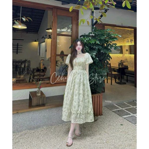 Đầm thời trang nữ mặc đi biển chất voan hoa cao cấp cổ vuông tay búp ngắn chạy mokking váy xoè maxi thiết kế xinh