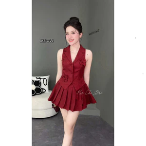 Set váy thời trang Nữ chuẩn hàng loại đẹp chất xược hàng áo gile không tay đính bông nổi mix váy ngắn xếp ly trẻ t