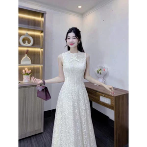 Đầm thời trang phong cách Hàn Quốc cổ tròn sát nách đính nơ dáng dài vải ren hai lớp cao cấp dày dặn