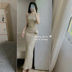 Set váy thời trang nữ chất liệu len ren cổ tròn không tay lưng thun ôm maxi sang trọng cực xinh mặc đi biển, đi ch