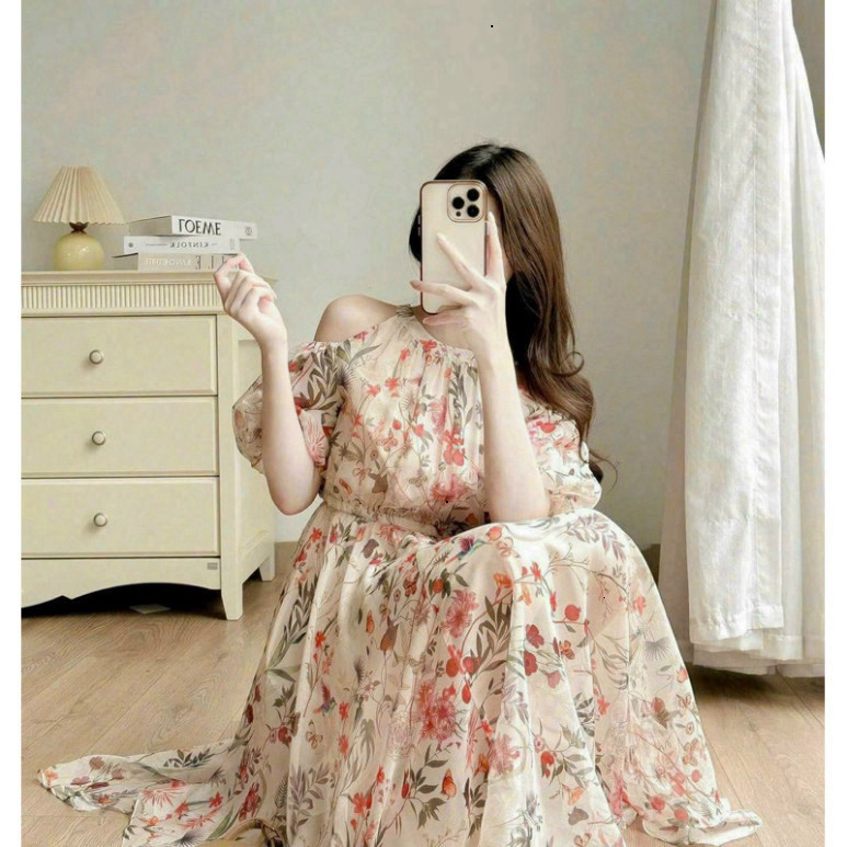[New] Đầm thời trang nữ chất voan hoa cổ yếm hở vai tay ngắn chạy thun eo dáng váy dài xoè maxi trẻ trung, sang trọng QC