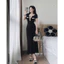 Đầm body thời trang Nữ dáng dài suông chất thun gân co giãn tay ngắn cổ V cài cúc trước viền đen nổi bật có 2 màu