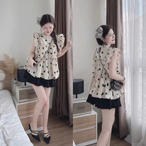 Set Áo Họa Tiết Trái Tim Cổ Bèo Ren Cánh Tiên Mix Chân Váy Xòe 2 Tầng Dáng Ngắn Viền Bèo Nữ Tính (Ảnh Thật Trải Sà