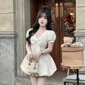 Đầm bí tùng xoè Chất liệu mango có quần đính nơ tay búp dễ thương bánh bèo phù hợp cho nàng đi hẹn hò đi dạo phố S