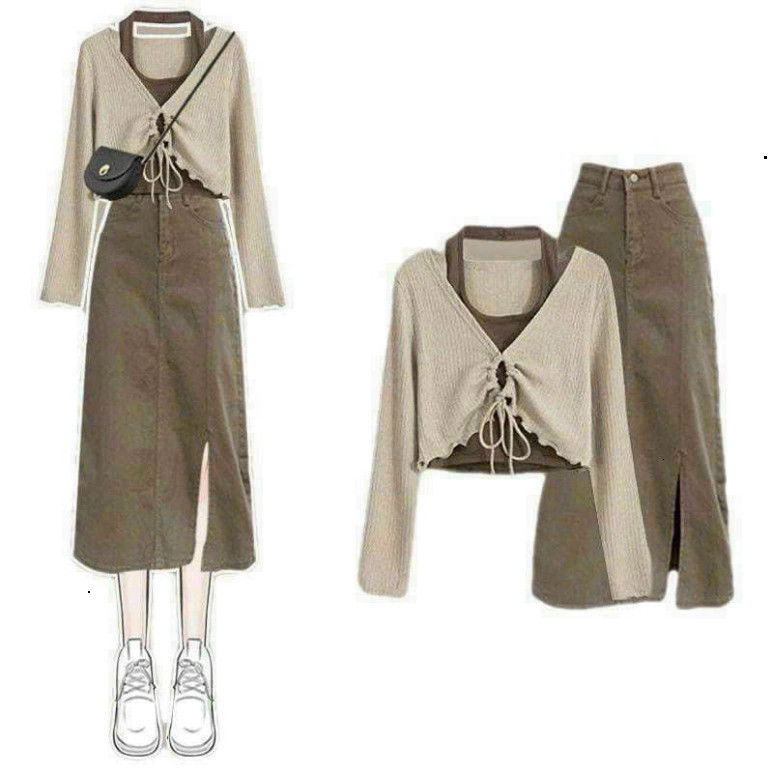 [New] Sét váy thời trang nữ phong cách hàn quốc mặc đi chơi chất thun gân kèm áo lót cổ, áo tay dài miĩ chân váy Kaki cự