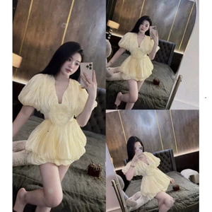 Đầm Tơ Nhún Đính Hoa Cổ Chữ V Tay Bồng Dáng Xòe Thanh Lịch Nữ Tính Shop Uyên Fashion